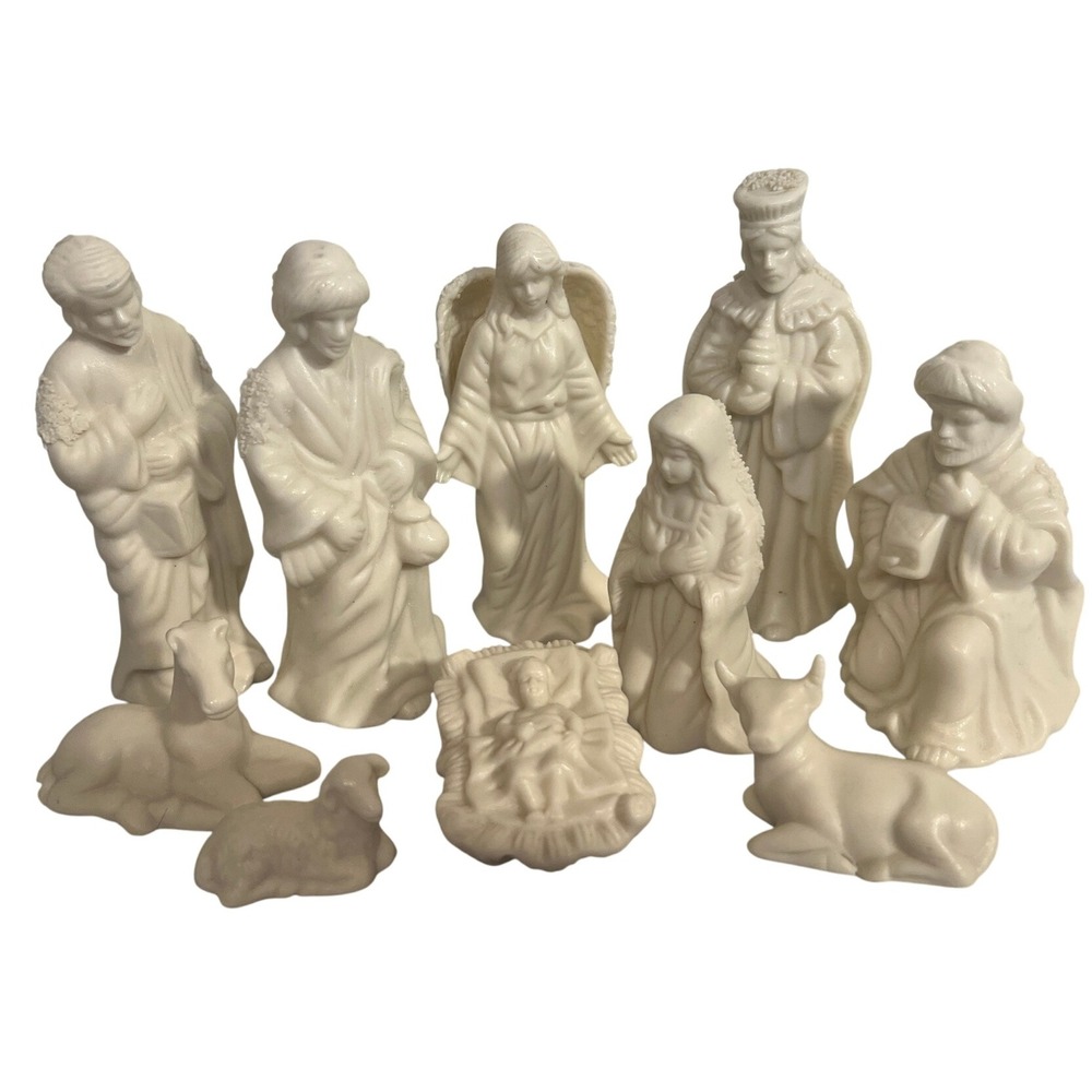 Nativity Scene Set 10 Piece Ceramic Cream Holy Family Angel Wise‎ Men Animals